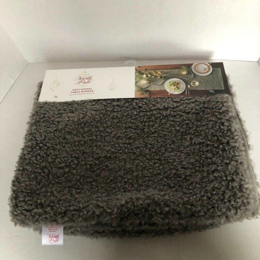 North Pole Trading Co Grey Faux Sherpa Table Runner 14" x 72" NWT